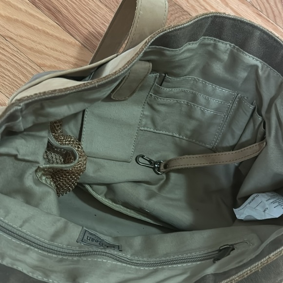 Two Toned Brown Leather and Canvas Tote Bag - Picture 4 of 5